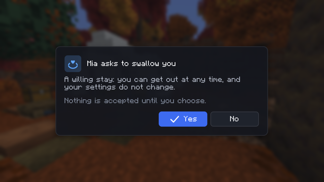 In-game card: Mia asks to swallow you. Yes or No.