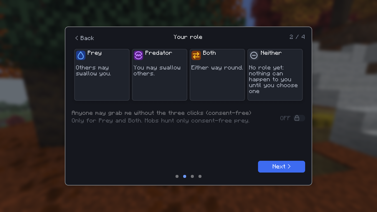 Role picker with Prey, Predator, Both and Neither.
