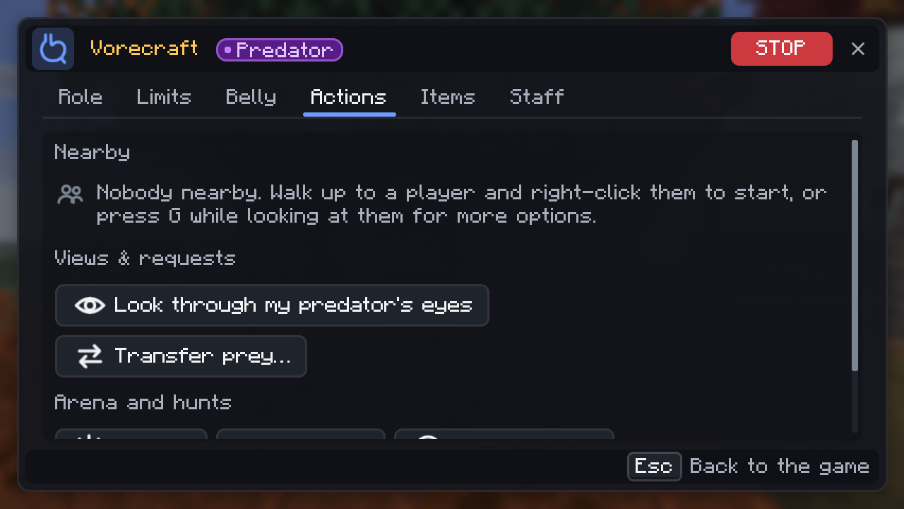 Actions menu: look through your predator's eyes, transfer prey, arenas and hunts.