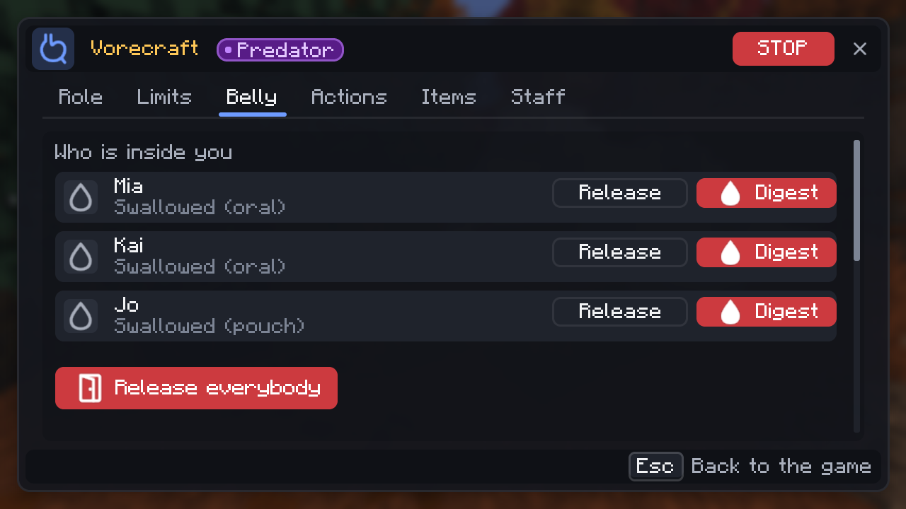 Belly menu listing who is inside you, each with Release and Digest buttons.