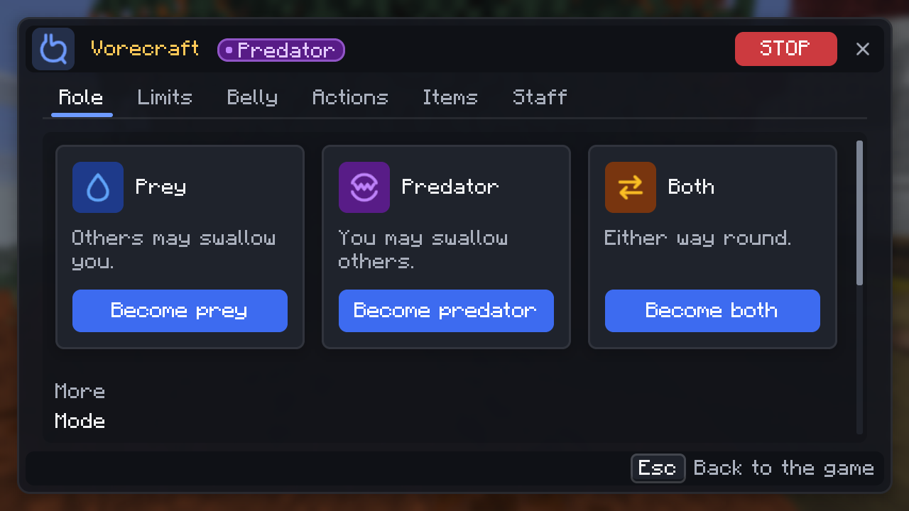 New in-game menu with tabs for Role, Limits, Belly and Actions, and a big STOP button.