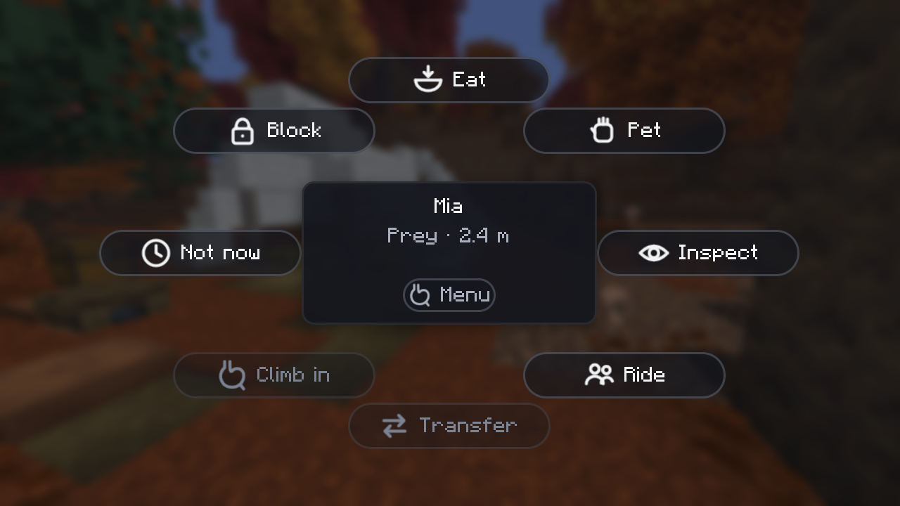 Quick-action wheel around a player: Eat, Pet, Inspect, Block, Ride and more.